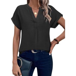 image:imageANRABESS Women Short Sleeve Henley Top V Neck Dressy Business Casual Work Blouses Summer Shirts 2026 Vacation Fashion ClothesBlack