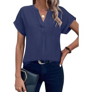 image:imageANRABESS Women Short Sleeve Henley Top V Neck Dressy Business Casual Work Blouses Summer Shirts 2026 Vacation Fashion ClothesDeep Blue