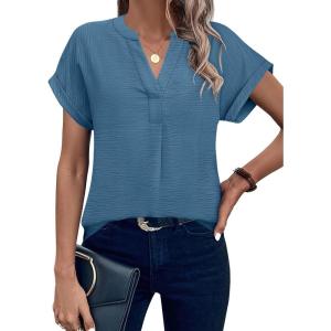 image:imageANRABESS Women Short Sleeve Henley Top V Neck Dressy Business Casual Work Blouses Summer Shirts 2026 Vacation Fashion ClothesLake Blue
