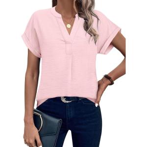 image:imageANRABESS Women Short Sleeve Henley Top V Neck Dressy Business Casual Work Blouses Summer Shirts 2026 Vacation Fashion ClothesLight Pink