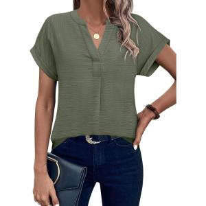 image:imageANRABESS Women Short Sleeve Henley Top V Neck Dressy Business Casual Work Blouses Summer Shirts 2026 Vacation Fashion ClothesOlive