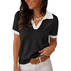 image:imageANRABESS Women Short Sleeve Sweater Wool Blend Polo V Neck Shirts Summer Dressy Top Business Casual Spring Vacation ClothesBlack White