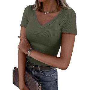 image:imageANRABESS Women Short Sleeve V Neck Ribbed Knit Fitted Shirts Basic Tees Tops 2026 Summer Casual TShirts Going Out OutfitsArmy Green