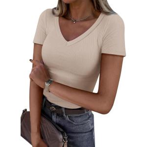 image:imageANRABESS Women Short Sleeve V Neck Ribbed Knit Fitted Shirts Basic Tees Tops 2026 Summer Casual TShirts Going Out OutfitsBeige
