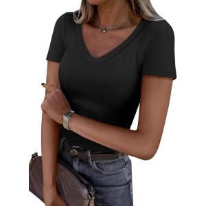 image:imageANRABESS Women Short Sleeve V Neck Ribbed Knit Fitted Shirts Basic Tees Tops 2026 Summer Casual TShirts Going Out OutfitsBlack
