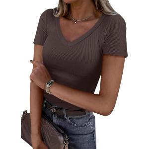 image:imageANRABESS Women Short Sleeve V Neck Ribbed Knit Fitted Shirts Basic Tees Tops 2026 Summer Casual TShirts Going Out OutfitsBrown