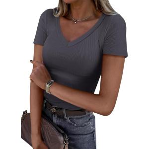 image:imageANRABESS Women Short Sleeve V Neck Ribbed Knit Fitted Shirts Basic Tees Tops 2026 Summer Casual TShirts Going Out OutfitsCharcoal