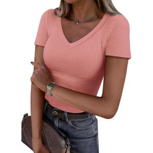 image:imageANRABESS Women Short Sleeve V Neck Ribbed Knit Fitted Shirts Basic Tees Tops 2026 Summer Casual TShirts Going Out OutfitsCoral