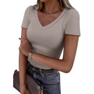 image:imageANRABESS Women Short Sleeve V Neck Ribbed Knit Fitted Shirts Basic Tees Tops 2026 Summer Casual TShirts Going Out OutfitsDark Khaki