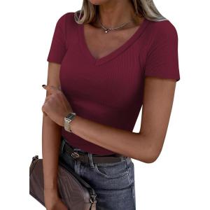 image:imageANRABESS Women Short Sleeve V Neck Ribbed Knit Fitted Shirts Basic Tees Tops 2026 Summer Casual TShirts Going Out OutfitsDeep Red