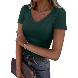 image:imageANRABESS Women Short Sleeve V Neck Ribbed Knit Fitted Shirts Basic Tees Tops 2026 Summer Casual TShirts Going Out OutfitsForest Green