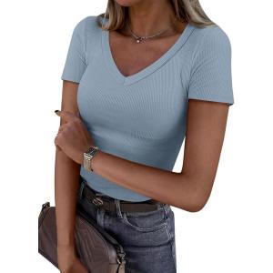 image:imageANRABESS Women Short Sleeve V Neck Ribbed Knit Fitted Shirts Basic Tees Tops 2026 Summer Casual TShirts Going Out OutfitsLight Blue
