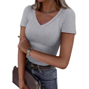 image:imageANRABESS Women Short Sleeve V Neck Ribbed Knit Fitted Shirts Basic Tees Tops 2026 Summer Casual TShirts Going Out OutfitsLight Gray