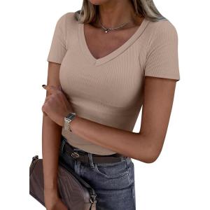 image:imageANRABESS Women Short Sleeve V Neck Ribbed Knit Fitted Shirts Basic Tees Tops 2026 Summer Casual TShirts Going Out OutfitsLight Khaki