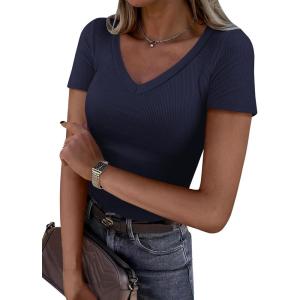 image:imageANRABESS Women Short Sleeve V Neck Ribbed Knit Fitted Shirts Basic Tees Tops 2026 Summer Casual TShirts Going Out OutfitsNavy Blue
