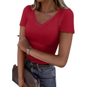 image:imageANRABESS Women Short Sleeve V Neck Ribbed Knit Fitted Shirts Basic Tees Tops 2026 Summer Casual TShirts Going Out OutfitsRed