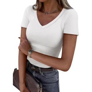 image:imageANRABESS Women Short Sleeve V Neck Ribbed Knit Fitted Shirts Basic Tees Tops 2026 Summer Casual TShirts Going Out OutfitsWhite