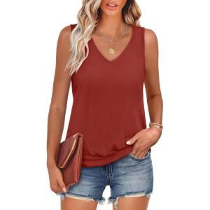 image:imageANRABESS Women Tank Tops Summer V Neck Sleeveless Casual Loose Fit Cute Cami Basic T Shirts Solid Tees 2026 Trendy OutfitsRed