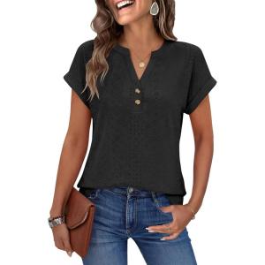 image:imageANRABESS Women Tops Short Sleeve V Neck Eyelet Shirts Dressy Casual Blouses 2026 Summer Tee TShirts Vacation OutfitsBlack