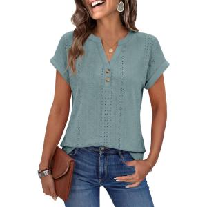 image:imageANRABESS Women Tops Short Sleeve V Neck Eyelet Shirts Dressy Casual Blouses 2026 Summer Tee TShirts Vacation OutfitsBlue Green