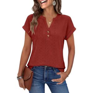 image:imageANRABESS Women Tops Short Sleeve V Neck Eyelet Shirts Dressy Casual Blouses 2026 Summer Tee TShirts Vacation OutfitsBurnt Orange