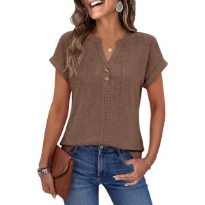 image:imageANRABESS Women Tops Short Sleeve V Neck Eyelet Shirts Dressy Casual Blouses 2026 Summer Tee TShirts Vacation OutfitsCamel