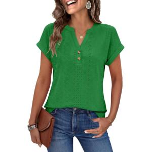 image:imageANRABESS Women Tops Short Sleeve V Neck Eyelet Shirts Dressy Casual Blouses 2026 Summer Tee TShirts Vacation OutfitsGreen