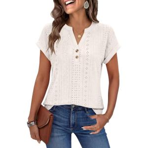 image:imageANRABESS Women Tops Short Sleeve V Neck Eyelet Shirts Dressy Casual Blouses 2026 Summer Tee TShirts Vacation OutfitsOffwhite