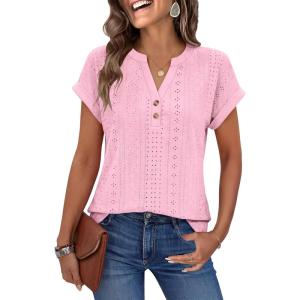 image:imageANRABESS Women Tops Short Sleeve V Neck Eyelet Shirts Dressy Casual Blouses 2026 Summer Tee TShirts Vacation OutfitsPink