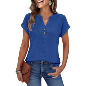 image:imageANRABESS Women Tops Short Sleeve V Neck Eyelet Shirts Dressy Casual Blouses 2026 Summer Tee TShirts Vacation OutfitsRoyal Blue