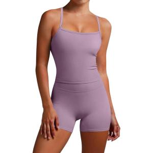 image:imageANRABESS Women Workout Sets Build in Bra 2 Piece Outfits Tank Tops Tummy Control Shorts Yoga Gym Active Wear Clothing SetGrey Purple