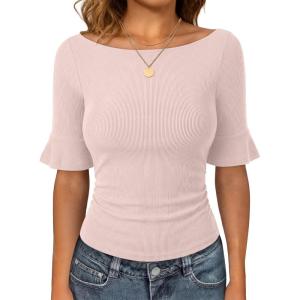 image:imageANRABESS Womens Boat Neck Bell Short Sleeve Shirts Ruched Crop Dressy Work Blouse Business Casual Top 2026 Spring ClothingApricot