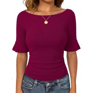 image:imageANRABESS Womens Boat Neck Bell Short Sleeve Shirts Ruched Crop Dressy Work Blouse Business Casual Top 2026 Spring ClothingDeep Red