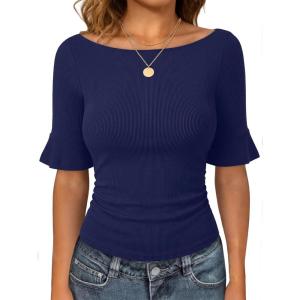 image:imageANRABESS Womens Boat Neck Bell Short Sleeve Shirts Ruched Crop Dressy Work Blouse Business Casual Top 2026 Spring ClothingNavy Blue