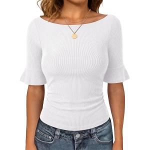image:imageANRABESS Womens Boat Neck Bell Short Sleeve Shirts Ruched Crop Dressy Work Blouse Business Casual Top 2026 Spring ClothingWhite