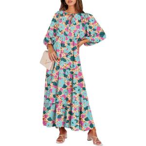 image:imageANRABESS Womens Boho Maxi Dresses 2026 Summer V Neck Puff Sleeve Floral Flowy Swing Fall Casual Long DressBeige Teal Floral