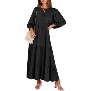image:imageANRABESS Womens Boho Maxi Dresses 2026 Summer V Neck Puff Sleeve Floral Flowy Swing Fall Casual Long DressBlack