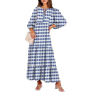 image:imageANRABESS Womens Boho Maxi Dresses 2026 Summer V Neck Puff Sleeve Floral Flowy Swing Fall Casual Long DressBlue