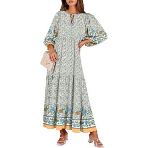 image:imageANRABESS Womens Boho Maxi Dresses 2026 Summer V Neck Puff Sleeve Floral Flowy Swing Fall Casual Long DressBlue Floral