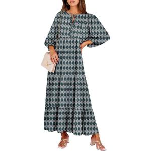 image:imageANRABESS Womens Boho Maxi Dresses 2026 Summer V Neck Puff Sleeve Floral Flowy Swing Fall Casual Long DressDark Green