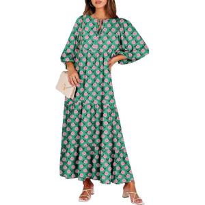 image:imageANRABESS Womens Boho Maxi Dresses 2026 Summer V Neck Puff Sleeve Floral Flowy Swing Fall Casual Long DressGreen