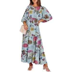 image:imageANRABESS Womens Boho Maxi Dresses 2026 Summer V Neck Puff Sleeve Floral Flowy Swing Fall Casual Long DressGreen Floral