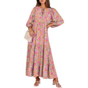 image:imageANRABESS Womens Boho Maxi Dresses 2026 Summer V Neck Puff Sleeve Floral Flowy Swing Fall Casual Long DressGreygreen Pink Floral