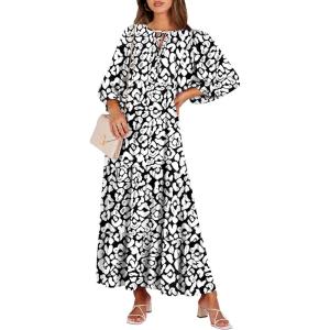 image:imageANRABESS Womens Boho Maxi Dresses 2026 Summer V Neck Puff Sleeve Floral Flowy Swing Fall Casual Long DressLeopard Print
