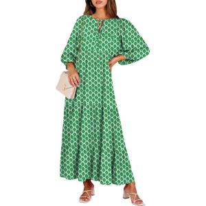 image:imageANRABESS Womens Boho Maxi Dresses 2026 Summer V Neck Puff Sleeve Floral Flowy Swing Fall Casual Long DressLight Green