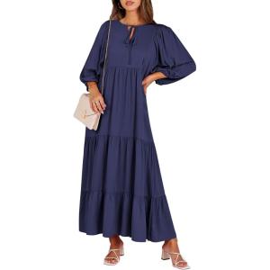 image:imageANRABESS Womens Boho Maxi Dresses 2026 Summer V Neck Puff Sleeve Floral Flowy Swing Fall Casual Long DressNavy Blue