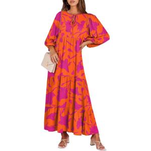 image:imageANRABESS Womens Boho Maxi Dresses 2026 Summer V Neck Puff Sleeve Floral Flowy Swing Fall Casual Long DressOrange Rose Floral