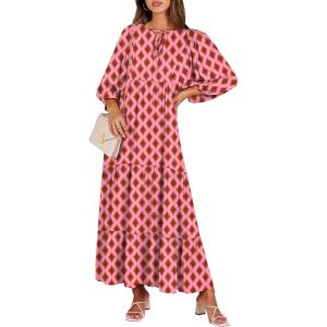 image:imageANRABESS Womens Boho Maxi Dresses 2026 Summer V Neck Puff Sleeve Floral Flowy Swing Fall Casual Long DressPink