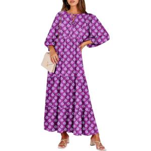 image:imageANRABESS Womens Boho Maxi Dresses 2026 Summer V Neck Puff Sleeve Floral Flowy Swing Fall Casual Long DressPurple