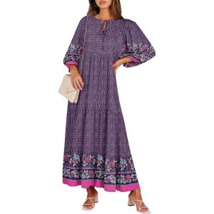 image:imageANRABESS Womens Boho Maxi Dresses 2026 Summer V Neck Puff Sleeve Floral Flowy Swing Fall Casual Long DressPurple Floral